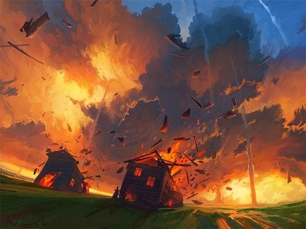 Обои на рабочий стол Несколько смерчей возле разрушающихся домов, art by Rhads