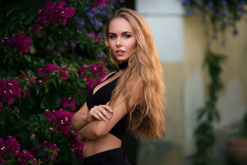 Обои на рабочий стол Модель Жасмин стоит у цветущего куста, фотограф Robert Chrenka