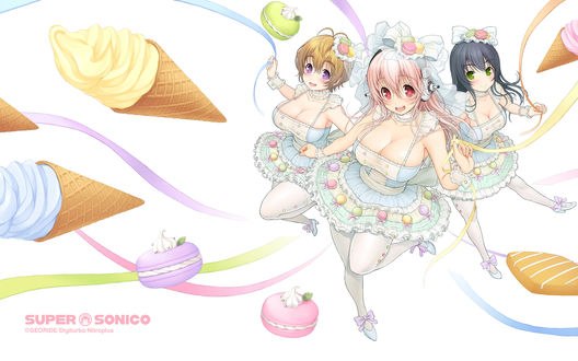 Обои на рабочий стол Super Sonico / Супер Сонико в наушниках с Fuuri Watanuki и Suzu Fujimi среди сладостей из манги SoniComi, art by Santa Tsuji