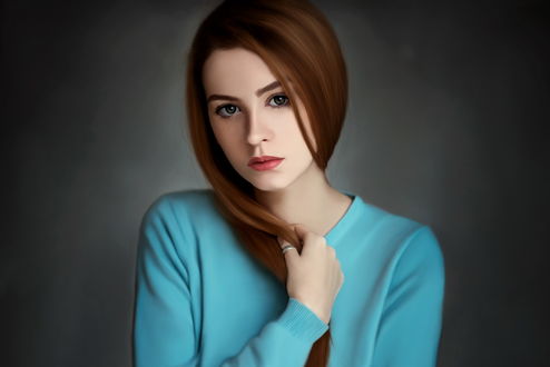 Обои на рабочий стол Рыжеволосая девушка в голубой кофте, by valentinionut