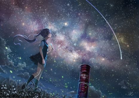 Обои на рабочий стол Vocaloid Hatsune Miku / Вокалоид Хатсуне Мику стоит на фоне звездного неба