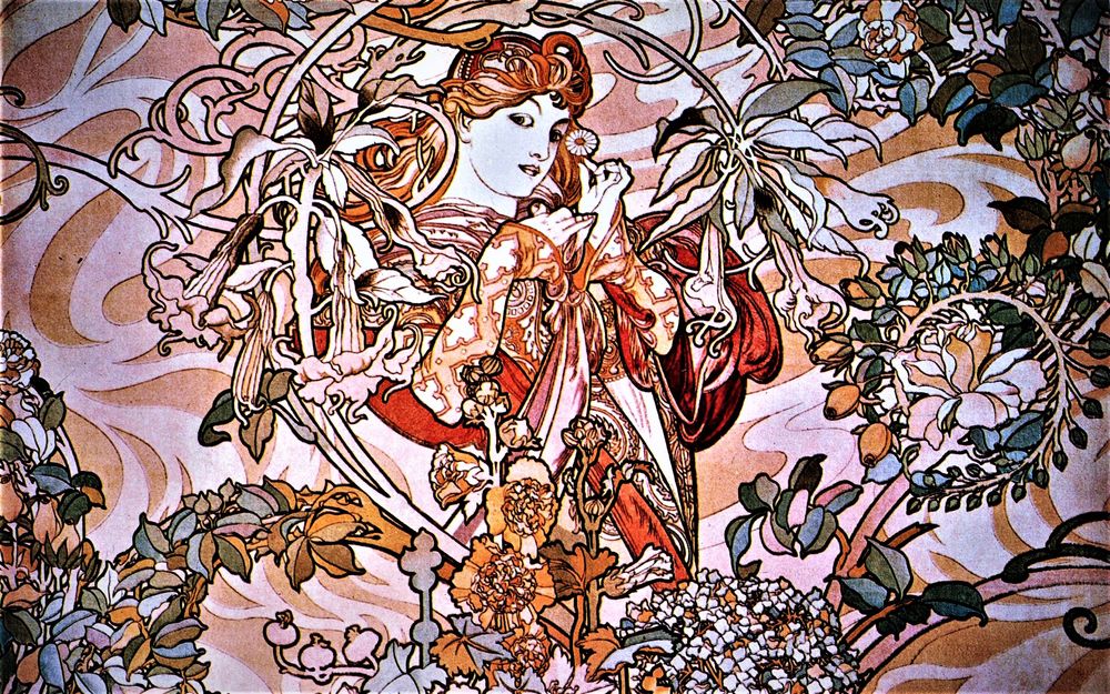 Обои для рабочего стола Картина женщина с маргариткой, художник Alfons Maria Mucha / Альфонс Мариа Муха