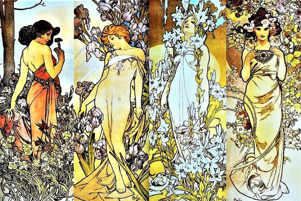 Обои для рабочего стола Картина Гвоздика, ирис, лилия, роза, художник Alfons Maria Mucha / Альфонс Мариа Муха