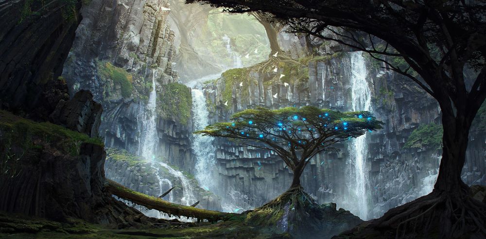 Обои для рабочего стола Дерево с голубыми огоньками в листве, растущее в ущелье среди скал с водопадами, by Tim Blandin