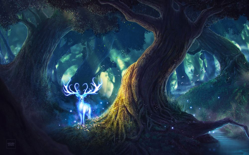 Обои для рабочего стола Сияющий магическим голубым светом олень в сказочном лесу, art by Will Marconi