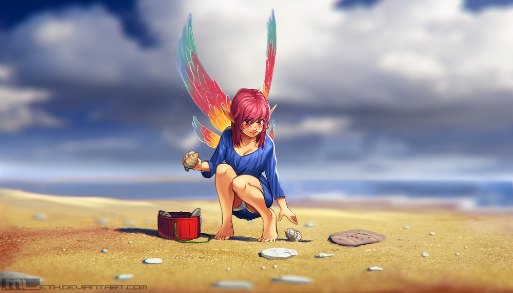 Обои для рабочего стола Эльфийка с разноцветными крыльями на песке собирает ракушки на фоне моря и неба с облаками, by MLeth