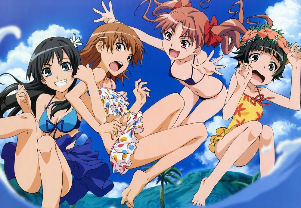 Обои для рабочего стола Персонажи аниме - Некий научный Рейлган / Toaru Kagaku no Railgun Микото Мисака / Mikoto Misaka, Куроко Сираи / Kuroko Shirai, Кадзари Уихару / Kazari Uiharu и Руико Сатэн / Ruiko Saten прыгают в воду в купальниках