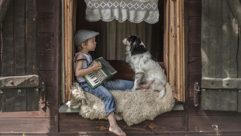 Обои для рабочего стола Мальчик с аккордеоном сидит рядом с собакой на подоконнике, фотограф Agnieszka Gulczynska