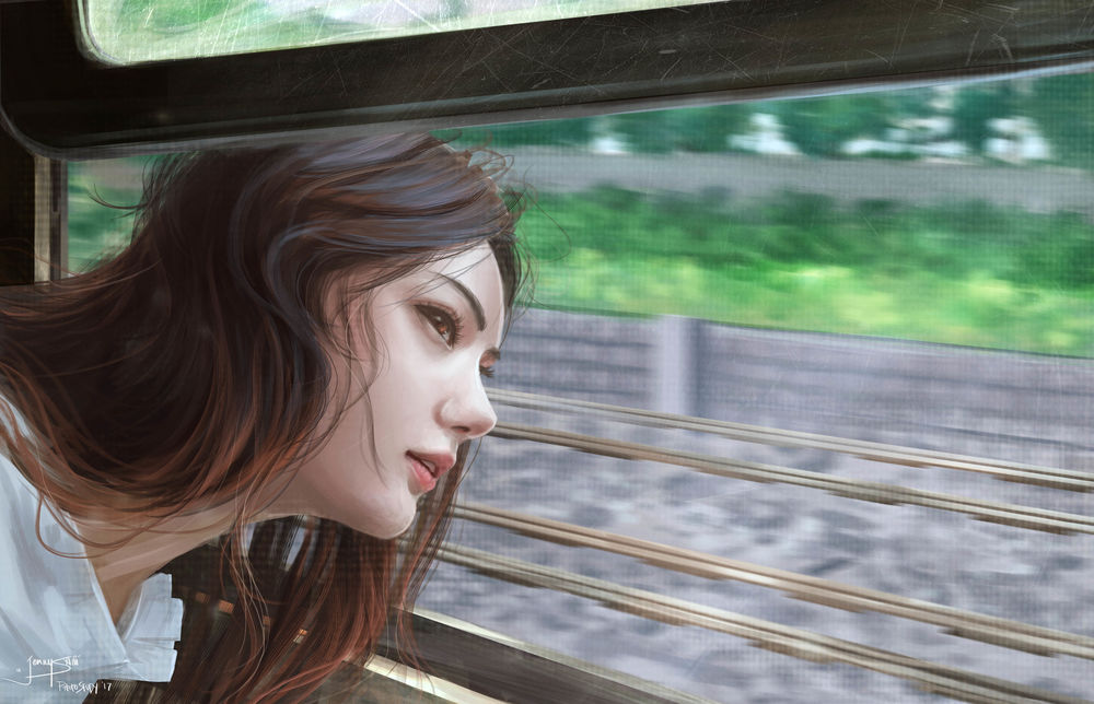 Обои для рабочего стола Девушка высовывает голову из окна поезда, by jennyshiii
