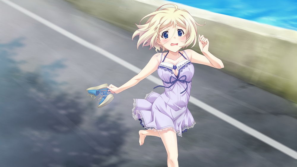 Обои для рабочего стола Нанами Накадзато / Nakazato Nanami из визуальной новеллы Lamune 2, бежит по автомобильной дороге босиком