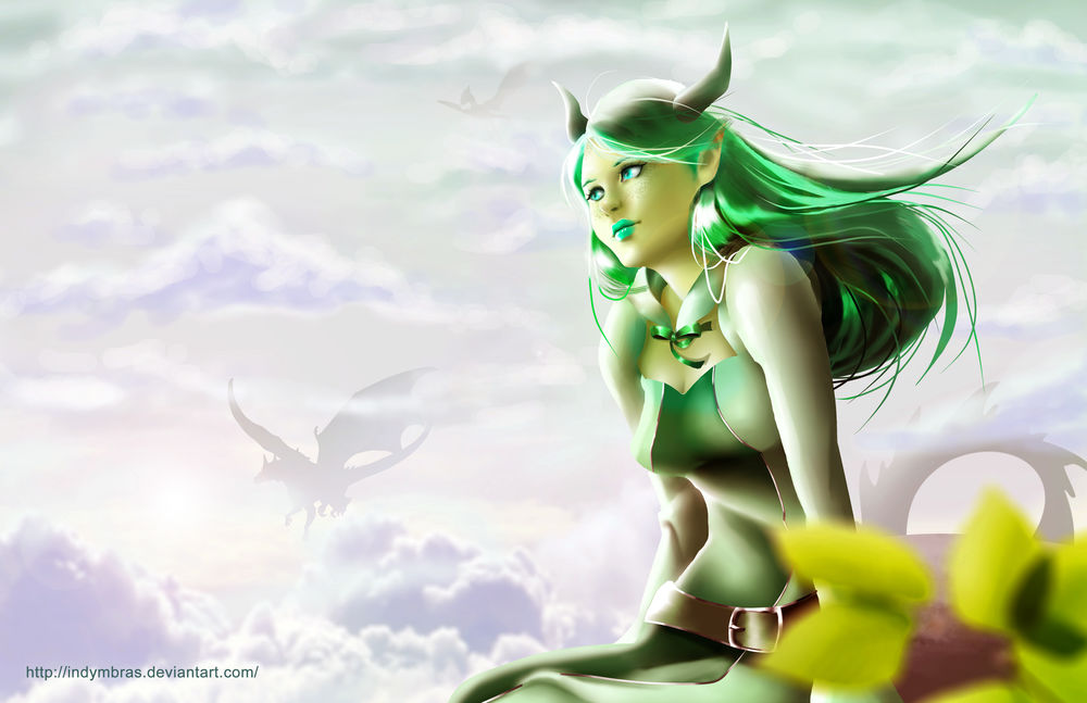 Обои для рабочего стола Рогатая девушка с зелеными волосами на фоне неба, by IndyMBras