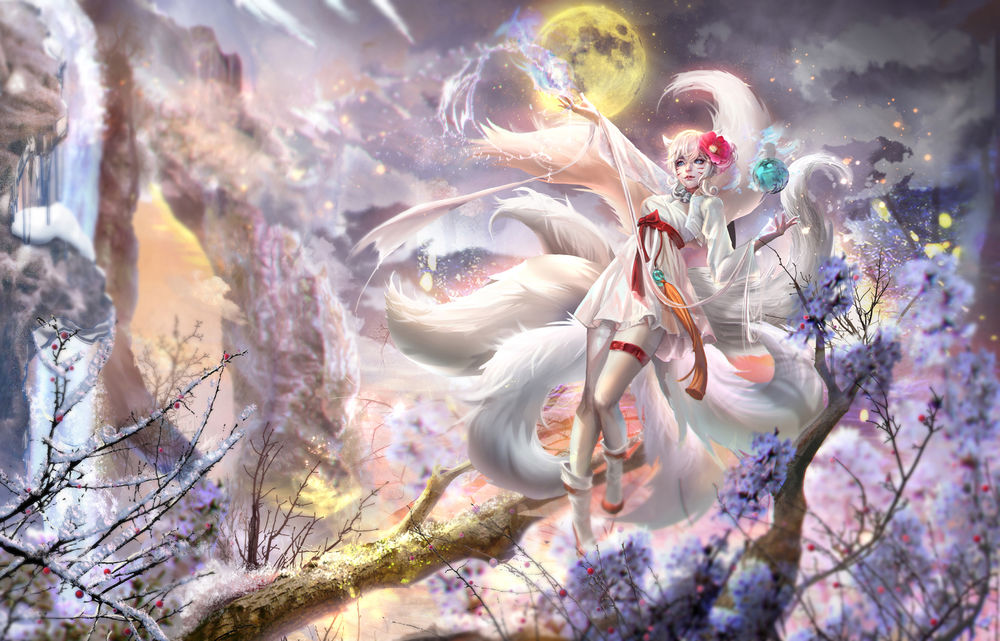 Обои для рабочего стола Snow Ahri / Снежная Ари из игры League of Legends / Лига Легенд, by Sangrde
