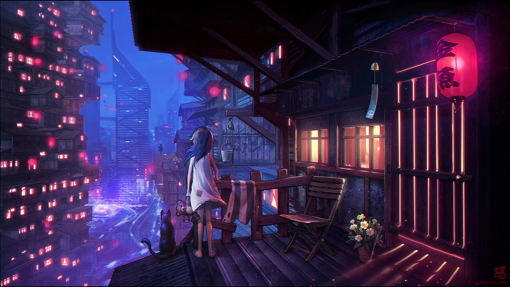 Обои для рабочего стола Девочка в белой ночнушке держит в руке плюшевого медведя, стоя рядом с черной кошкой и смотрит на ночной город, by Shinsen