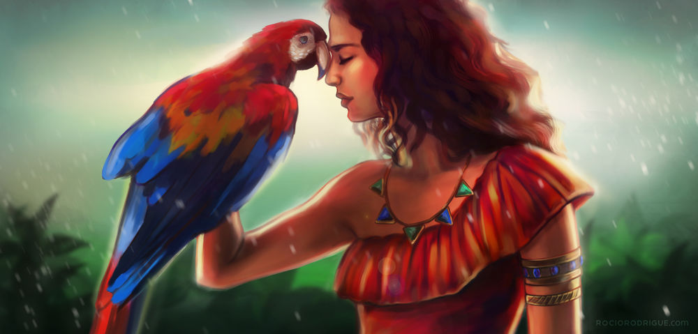 Обои для рабочего стола Девушка с попугаем на руке, by RocioRodriguez