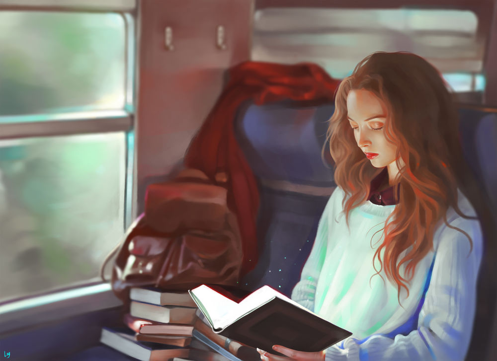 Обои для рабочего стола Девушка, читая книгу, едет в поезде, by Loy Baldon