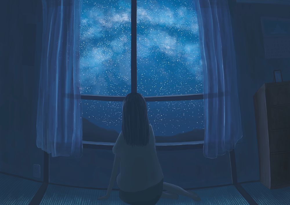 Обои для рабочего стола Девушка смотрит в окно на ночное небо и млечный путь