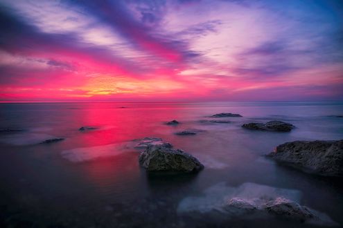 Обои на рабочий стол Розовый рассвет на озере Michigan / Мичиган, фотограф Bijaya Gurung