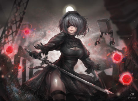 Обои на рабочий стол YoRHa №2 тип B из игры NieR: Automata, by therealotep