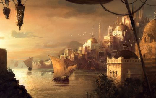 Обои на рабочий стол Город у моря на закате и ладьи с парусами в воде