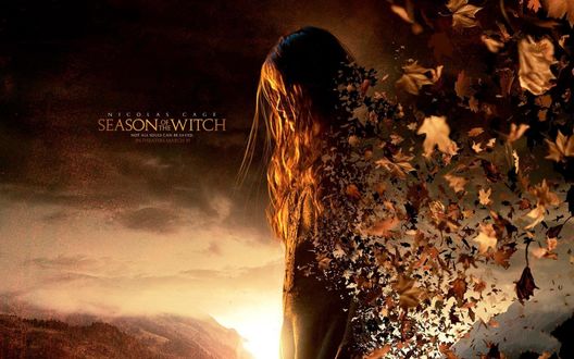 Обои на рабочий стол Девушка распадается осенними листьями на фоне неба, (Season witch / Сезонная ведьма, время ведьм)