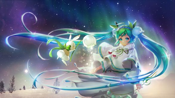 Обои на рабочий стол Vocaloid Hatsune Miku / Вокалоид Хатсунэ Мику с белым кроликом стоит зимней ночью на фоне северного сияния, by Orry Lee