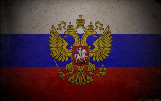 Обои на рабочий стол Российский трехцветный флаг с гербом в тени