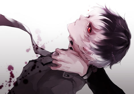 Обои на рабочий стол Аниме Tokyo Goule / Токийский гуль. Ken kaneki с красными глазами истекает кровью. Чьи-то руки держат его за плечи