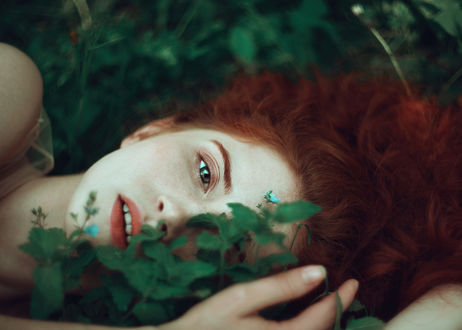 Обои на рабочий стол Модель Саша лежит на зеленой растительности, фотограф Nora Drugan