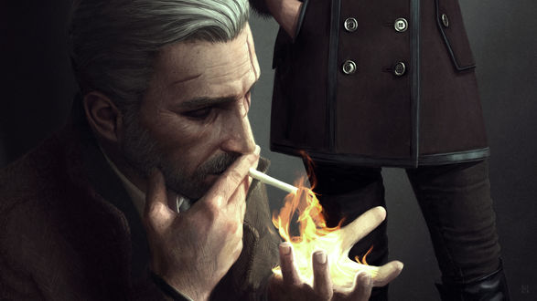 Обои на рабочий стол Персонаж Ведьмак / Witcher закуривает сигарету от фаербола, иллюстратор-фрилансер Астор Александер