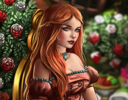 Обои на рабочий стол Девушка с длинными волосами у куста цветов, by Whails