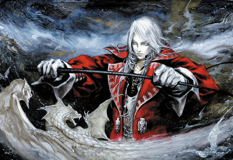Обои на рабочий стол Juste Belmont - герой из игры Castlevania с хлыстом среди драконов в небе, art by Ayami Kojima