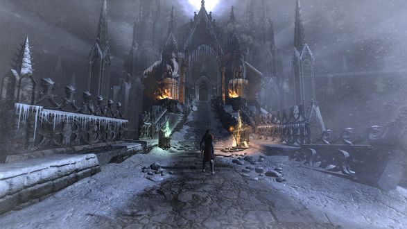 Обои на рабочий стол Герой игры Castlevania возле замка с огнями на дороге