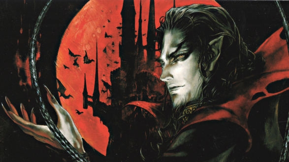 Обои на рабочий стол Вампир Dracula c хлыстом из игры Castlevania на фоне красной луны и замка, by Ayami Kojima