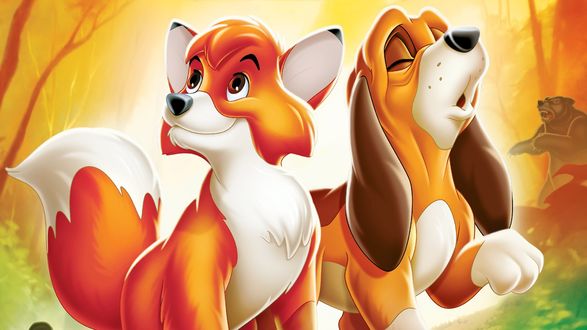 Обои на рабочий стол Лисенок Todd / Тодд и щенок Copper / Коппер из мультфильма The Fox and the Hound / Лис и пес