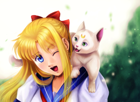 Обои на рабочий стол Minako Aino / Минако Айно / Sailor Venus / Сейлор Венера и Artemis / Артемис из аниме Bishoujo Senshi Sailor Moon Crystal / Красавица-воин Сейлор Мун: Кристалл, by MelisaOngMiQin