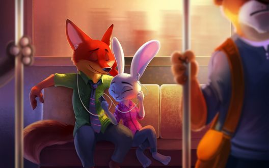 Обои на рабочий стол Nick Wilde / Ник Уайльд и Judy Hopps / Джуди Хоппс едут в автобусе, мультфильм Zootopia / Зверополис, by TsaoShin