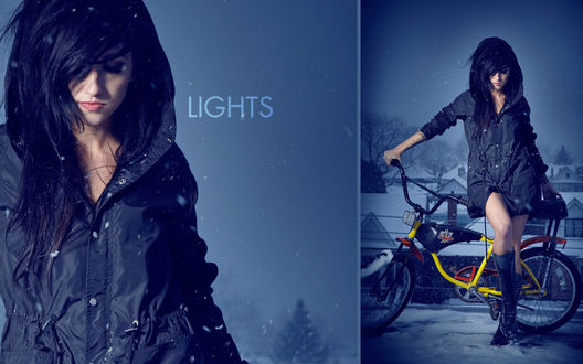 Обои на рабочий стол Девушка на велосипеде зимой в тумане, Lights