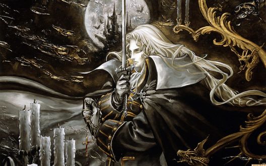 Обои на рабочий стол Вампир Alucard Adrian Farenheights Tepes с белыми волосами и мечом на фоне своего замка и полной луны Castlevania, by Ayami Kojima
