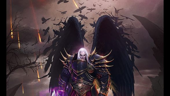 Обои на рабочий стол Dark Angel / Темный ангел с белыми волосами, в доспехах с черепами, и с черными крыльями, превращающихся в ворон, на фоне падающих метеоритов, by Deligaris