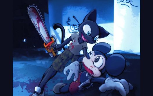 Обои на рабочий стол Ночью в темном переулка Mickey Mouse / Микки Маус стал жертвой нападения Черного Кота-маньяка с окровавленной бензопилой