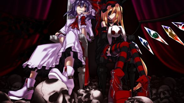 Обои на рабочий стол Рэмилия / Remilia и Фландр Скарлет / Flandre Scarlet из серии игр и аниме Тохо / Touhou сидят на стульях среди черепов на фоне красных занавесей