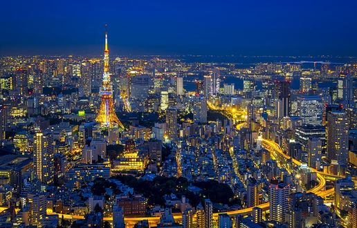 Обои на рабочий стол Панорама сверху на вечерний Tokyo / Токио с телебашней, Japan / Япония, фотограф Raymond Viloria