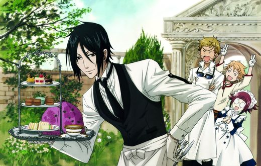 Обои на рабочий стол Sebastian Michaelis / Себастьян Михаэлис с подносом и другие слуги из аниме Dark Butler / KuroShitsuji / Темный дворецкий, art by Yana Toboso