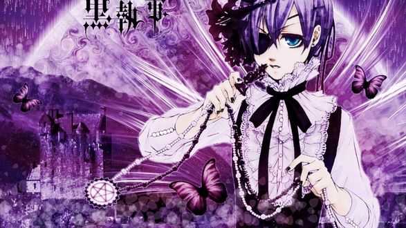 Обои на рабочий стол Ciel Phantomhive / Сиэль Фантомхайв из аниме Kuroshitsuji / Темный дворецкий в окружении бабочек на фоне древнего замка и полной луны