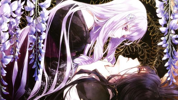 Обои на рабочий стол Плачущая Виолетта / Violette склонилась над лежащим Губертом / Hubert под цветущей глицинией из отоме-игры Королева цветов / Reine des Fleurs, art by Usuba Kagerou