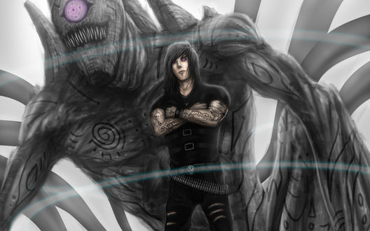 Обои на рабочий стол Персонаж Madara uchiha / Мадара учиха в черном, с татуировками, стоит, скрестив руки, на фоне циклопа, by lainad007