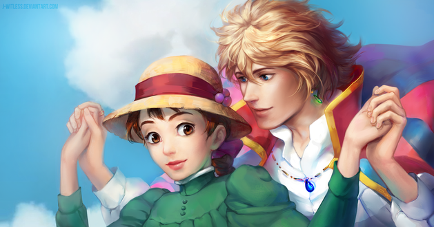 Обои на рабочий стол Howl / Хаул и Sophie Hatter / Софи Хаттер из аниме Howl no Ugoku Shiro / Ходячий замок Хаула, by j-witless