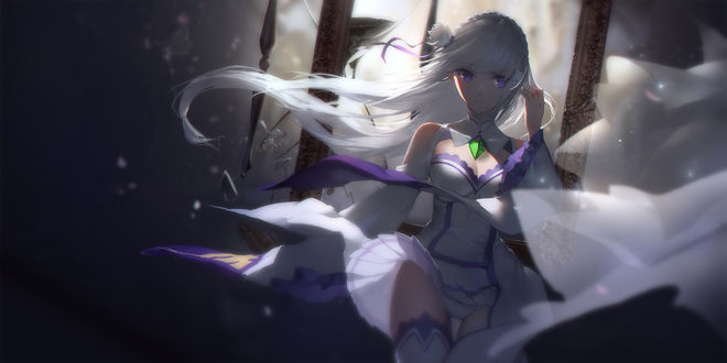 Обои на рабочий стол Эмилия / Emilia из аниме Re: Жизнь в альтернативном мире с нуля / Re: Zero kara Hajimeru Isekai Seikatsu, шагает с развевающейся на ветру юбкой на фоне разбитых песочных часов, автор SWD3E2