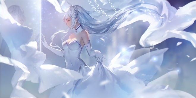 Обои на рабочий стол Эмилия / Emilia из аниме Re: Жизнь в альтернативном мире с нуля / Re: Zero kara Hajimeru Isekai Seikatsu, отражается в зеркале в красивом белом платье, автор SWD3E2