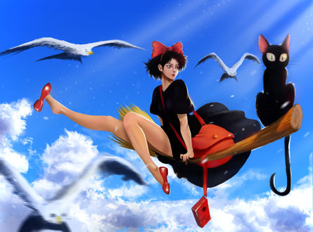 Обои на рабочий стол Kiki / Кики и Jiji / Джиджи из аниме Kikis Delivery Service / Ведьмина служба доставки, by SurugaMonkey
